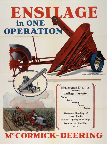 Advertising poster for the McCormick-Deering Ronning ensilage harvester. Includes color illustration and the text: "Ensilage in One Operation."