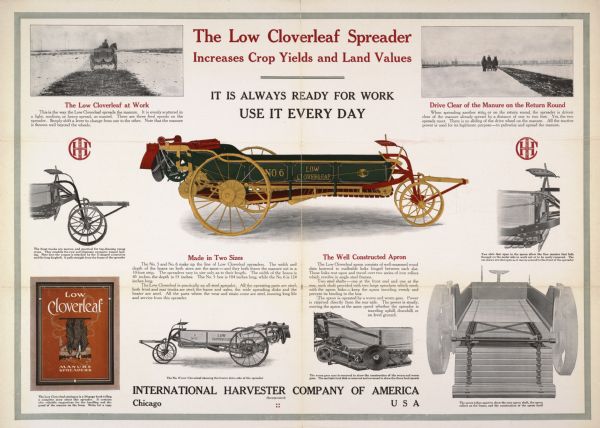 Advertising poster for the Low Cloverleaf manure spreader manufactured by the International Harvester Company. Includes the text: "Increases crop yields and land values" and "is always ready for work." Features color illustration.