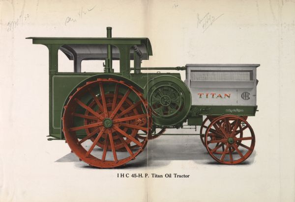 Advertising proof of a color illustration of an International 45 h.p. Titan oil tractor.