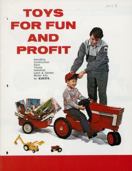 Cover of a brochure for International Harvester toys. Features a color illustration of a boy riding an International pedal tractor pulling a wagon filled with model farm equipment and trucks. A man wearing a shirt with an IH-symbol patch is placing an IH cap on the boy's head.