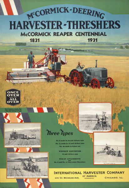 Advertising poster for McCormick-Deering harvester-threshers (combines) featuring color illustrations of No. 8, No. 11, No. 20 and windrow harvesters. Includes black and white photographs of farmers working in fields. The text reads: "McCormick reaper centennial."