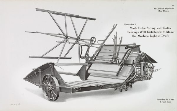 General line catalog illustration of a McCormick Improved rice binder. The text reads, "Made Extra Strong with Roller Bearings Well Distributed to Make the Machine Light in Draft" and "Furnished in 5 and 6-Foot Sizes".