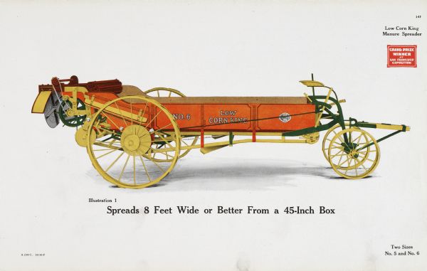 General line catalog color illustration of a Low Corn King manure spreader. The text beneath the illustration reads: "Spreads 8 Feet Wide or Better From a 45-Inch Box" and "Two Sizes, No. 5 and No.6."