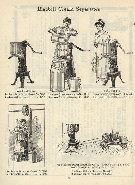 Page from an "IHC Newspaper and Catalogue Electrotype Service" booklet advertising Bluebell cream separators. Clockwise from top left, the illustration captions read: "Nos.1 and 2 sizes," "Nos.3 and 4 sizes," and "The Bluebell Power Seperating Outfit - Bluebell No.4 and IHC 1-H.P. Hopper Cooled Engine on Truck."