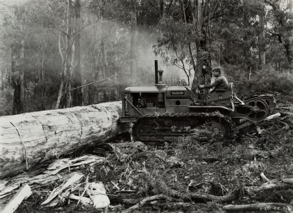 A pushes a large log with an International TD-40 TracTracTor (crawler tractor). Original caption reads: "TD-40 working at logging operations in Australia."