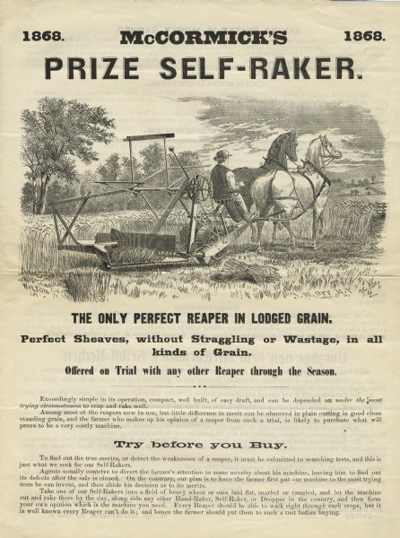 Page from an advertising brochure featuring "McCormick's Prize Self-Raker, . . . the only perfect reaper in lodged grain." Features an engraved illustration of a man operating a reaper with two horses.