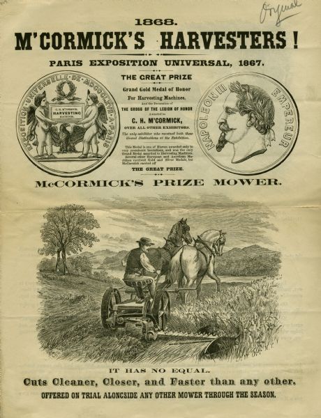Page from an advertising brochure for "McCormick's Prize Mower." Includes illustrations of award medals for the Paris Exposition Universal of 1867, and a man operating a mower with two horses.