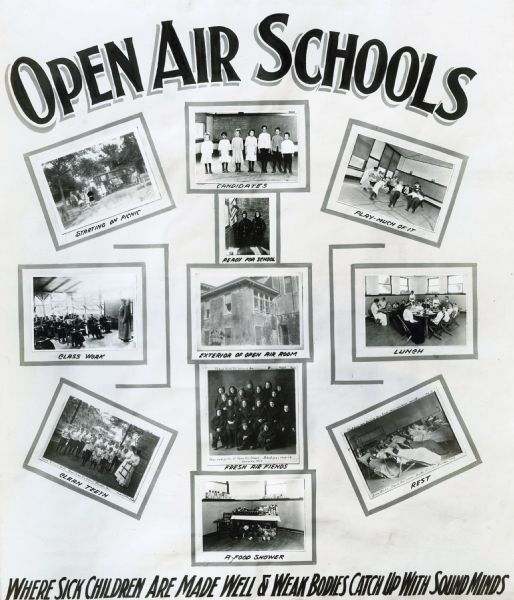 Exhibit poster illustrating the proposed benefits of "open air schools . . . where sick children are made well and weak bones catch up with sound minds." In some of the photographs, the children are wearing heavy coats and hats to stay warm in the open air school.