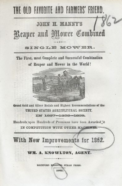 Cover of an advertising booklet for John H. Manny's Single Mower. It features an illustration of men using the mower, surrounded by informative text.