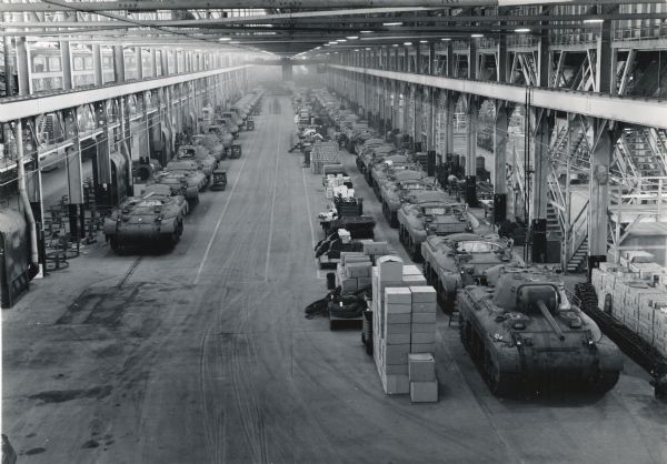 Elevated view of tanks on the final assembly line inside International Harvester's Tank Arsenal at Bettendorf. The factory was on the site of the company's Bettendorf Works.