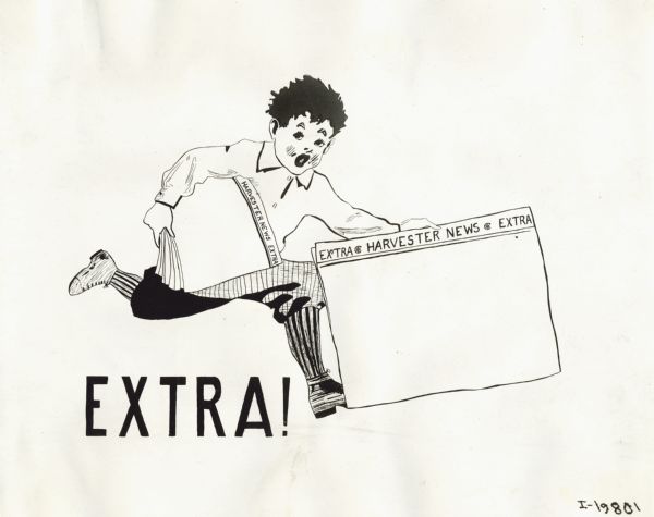 Illustration of a news boy holding a blank copy of "Harvester News" over the caption: "Extra!"