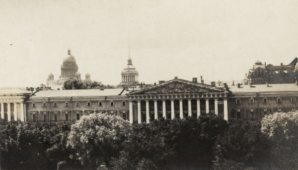 Russian Senate from the Winter Palace in Petrograd, Russia View of buildings in Petrograd (St. Petersburg) from the Winter Palace. Original caption reads: "Russian Senate (Supreme Court), Marine Tower and St. Isaac's dome from the Winter Palace."