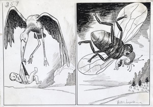 Illustration made for International Harvester's Agricultural Extension Department to demonstrate the danger of pests, including diseases carried by insects. The left panel shows a stork carrying a baby in its beak, and the right panel depicts a baby being carried toward a cemetery by a large house fly.