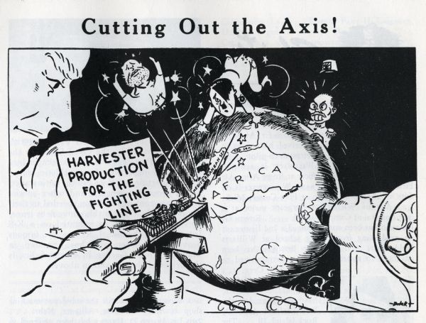 A cartoon originally published in the August issue of the "HARVESTER NEWS-LETTER" showing a International Harvester employee working on a lathe cutting out Adolph Hitler, Benito Mussolini, and Hideki Tojo
from the Earth.