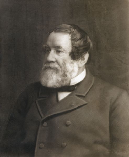 Quarter-length portrait of Cyrus Hall McCormick wearing a stand up collared shirt, bow tie, and double-breasted coat.