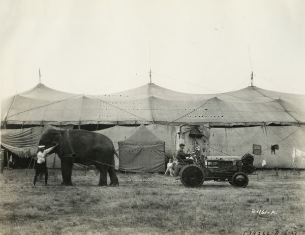 An elephant appears to be in a tug of war contest with a McCormick-Deering industrial tractor. In the background is a large tent and a group of children watching the scene. The tractor is equipped with a Joliet-International winch.