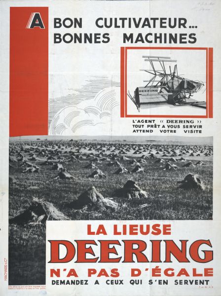 French-language poster advertising a Deering grain binder. The poster includes an illustration of the binder, a photograph of harvested wheat in a field, and text explaining the features of the machine.