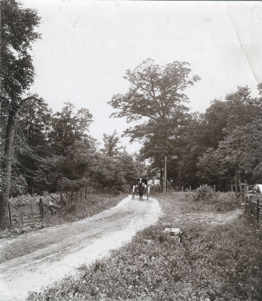 View from roadside of a man and woman riding in a horse-drawn carriage down a dirt road in a wooded area.