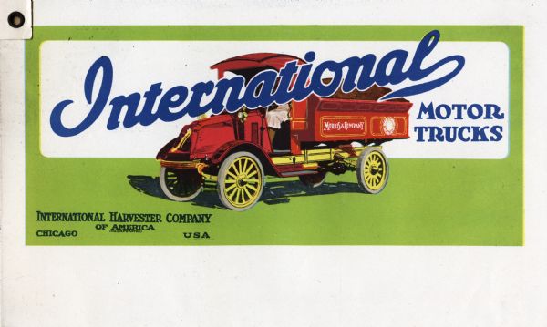 Billboard design for International Harvester Company motor trucks, features an illustration of a truck bearing the text: "Morris & Company" set against a green background.
