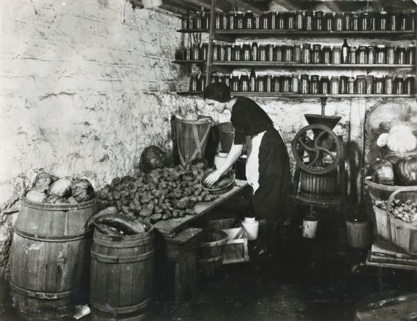 A woman wearing an apron is standing in a cellar while taking potatoes out of a basket for storage on a shelf. Shelves on the wall behind her hold multiple jars of canned food. Other produce is stored in baskets and wood barrels.