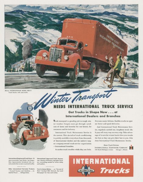 Advertising proof for International trucks, featuring a color illustration of a Model KBR-11 truck-tractor with semi-trailer. Includes the text: "Winter Transport Needs International truck service."
