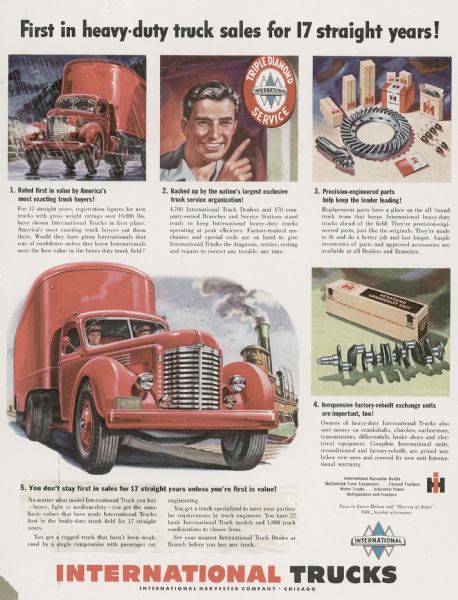 Advertising proof for International trucks, featuring color illustrations of a truck driving through the rain, assorted truck parts, and a truck driving past a harbor. Includes the International Triple Diamond logo, and the text: "First in heavy-duty truck sales for 17 straight years!"