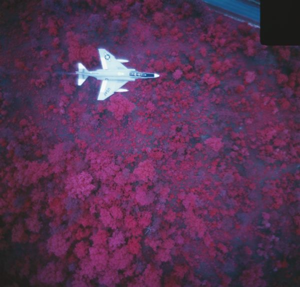 View of a Phantom II jet from above, possibly taken with infrared film. The text on the wing reads, "USAF."