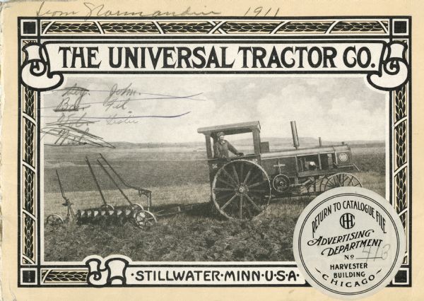 Front cover of a booklet produced by the Universal Tractor Company to advertise its line of light gasoline tractors. The cover features a photograph of a man using a tractor to pull a plow across a farm field.
