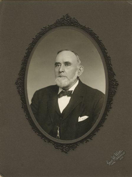 Quarter-length oval studio portrait of Charles B. Withington, the inventor of the first practical wire binder. Withington was born in Akron, Ohio in 1830, grew up in Janesville, Wisconsin. A caption on the back of the photograph denotes that he was "still living 1909."