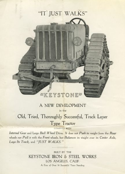 Keystone Tractor Advertisement Advertisement for the Keystone track layer type tractor (crawler tractor) featuring an photograph of the machinery.