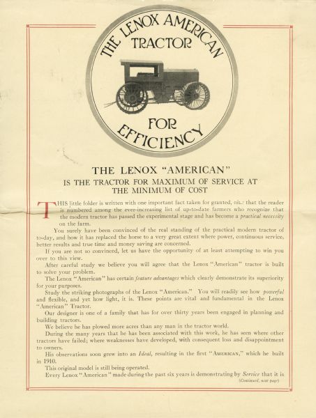 Advertisement for the Lenox American tractor featuring a photograph of the tractor along with descriptive text. The headline reads: "The Lenox American Tractor for Efficiency. The Lenox 'American' is the Tractor for Maximum of Service at the Minimum of Cost."