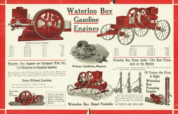 Advertisement for Waterloo Boy gasoline engines. The color illustrations include the Webster oscillating magneto, Waterloo Boy pump jacks, Waterloo Boy pumping engine, Waterloo Boy hand portable, and the Waterloo Boy air cooled.