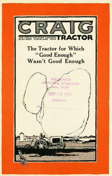 Craig Tractor Pamphlet Front cover of a pamphlet advertising Craig tractors. The cover features an illustration of a farmer using a Craig tractor to complete field work with a tractor and silo in the background.