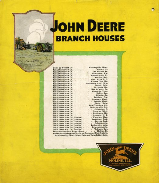 John Deere Branch Houses Back cover of a booklet advertising the John Deere Waterloo Boy tractor with a listing of John Deere branch houses. The John Deere trademark is at lower right and a color illustration of farmers in a field with agricultural equipment appears at top left.