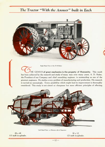 Color illustrations of the 25-50 Baker tractor and Separator (thresher). The caption beneath the top image reads: "Right Hand View of the 25-50 Baker." The lower image's caption reads: "Left Hand View - or Elevator side of Separator. 28 x 48 115 teeth in cylinder. 30 x 52 125 teeth in cylinder."