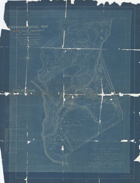 Topographical map of Stanley McCormick's Riven Rock estate in El Montecito, Santa Barbara County, California. The map is identified as a map of a survey conducted in 1897, and also labelled as "Riven Rock Estate of Mrs. C H McCormick Montecito Cal General Plan." The map is at one inch to one-hundred feet scale. The general plan is identified as being by Warren H. Manning, landscape architect, Boston, Mass.