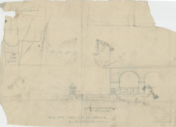 Architectural drawing of the East Elevation of the terrace at Riven Rock, Stanley McCormick's estate in El Montecito, Santa Barbara County, California. The drawing may have been created by Shepley, Rutan & Coolidge.