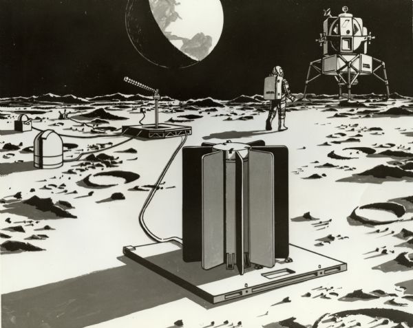 Artist's illustration of a beryllium container built by the Solar Division of International Harvester. The container was intended to be used as a power source for instruments used by Apollo 12 astronauts on the moon. Original caption reads: "An artist's rendering illustrates how the SNAP-27 will appear after one of the Apollo 12 astronauts places it on the moon. Solar built the finned beryllium container in the foreground under a $3.6 million contract to General Electric. A thermoelectric generator inside the container will provide power to operate instruments which are seen in the background."