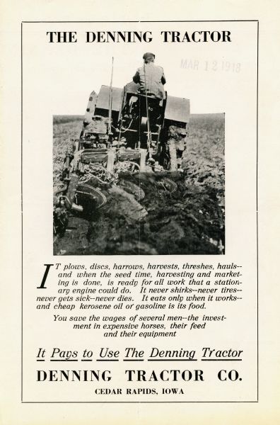 Front cover of a pamphlet advertising the Denning tractor featuring a rear view of a man using the tractor to work in a field.