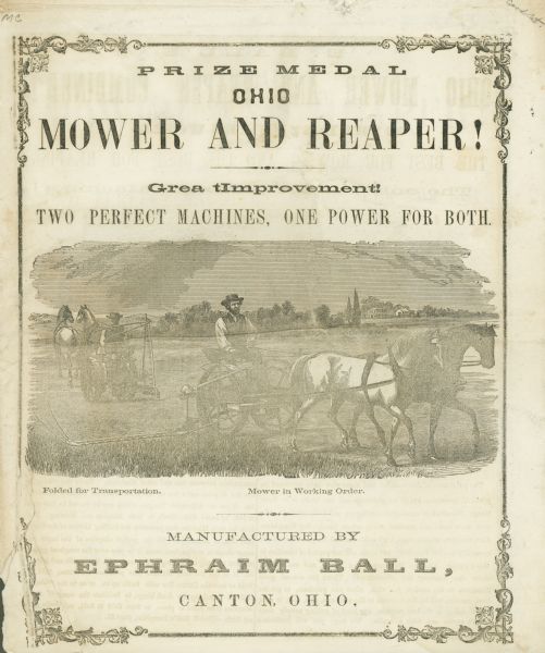 Advertising brochure for the Ohio Mower and Reaper manufactured by Ephraim Ball. The advertisement features a line drawing of men using two mowers pulled by teams of horses. One mower is in use and the other is folded for transportation.