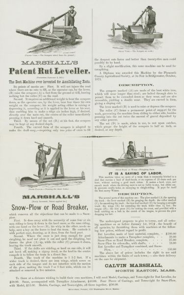 Advertisement for Calvin Marshall's Patent Rut Leveler and Snow-Plow or Road Breaker.