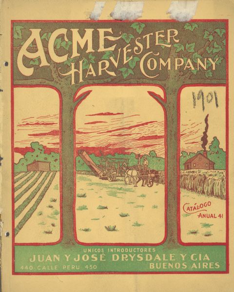 Catalog cover, in Spanish, featuring an illustration of trees framing a view of a man working in a field with two horses and a harvesting machine. Text at right and at bottom reads: Catálogo Anual 41" and "Unicos Introductores Juan Y José Drysdale Y Cia Beunos Aires."