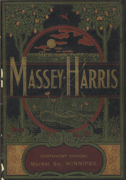 Massey-Harris Company Catalog Cover Front cover of catalog featuring a color illustration in green, red and gold ink on a black background, of bundles of wheat, clover leaves, flowers, trees, a bird and a duck.