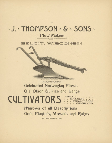 J. Thompson & Sons Advertisement Advertisement for plows, cultivators, harrows, corn planters, mowers, rakes, sulkies and gangs.
