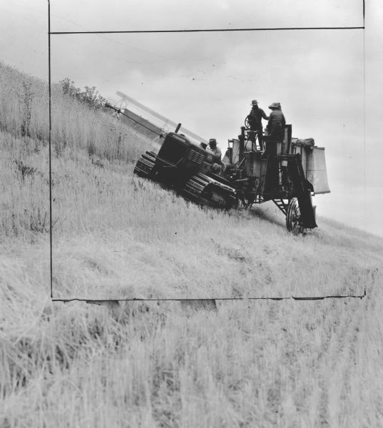 T-40 TracTractor Pulling No. 51 Harvester Thresher McCormick-Deering T-40 pulling a No. 51 harvester-thresher along a hillside with a steep slope.