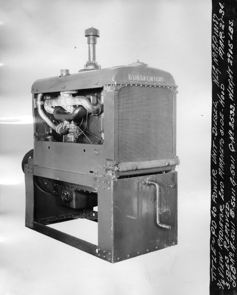 McCormick-Deering PD-40 Diesel Power Unit Original caption reads: "Title — PD 40 Power Unit-Diesel. 3/4 View Radiator End Magneto Side-Hood. Sides Removed. Job No A-5011, B-5011, G-5011 Q-No 2535 Weight 2905 LBS. Neg. No GP 10187 Mar. 21-37."