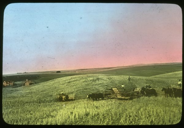 Harvesting Scene Elevated view towards seven men working with teams of horses to harvest on the rolling hills, perhaps in the Great Plains. Farm buildings are in the background on the left. Hand-tinted lantern slide.