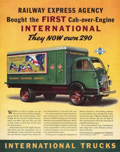Railway Express Agency Advertising Proof. Title reads: "Bought the FIRST Cab-over-Engine INTERNATIONAL, They NOW own 290." The triple diamond logo is on the right just above the truck cab.