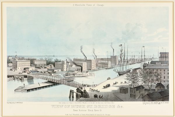 Lithograph illustration of downtown Chicago near the Rush Street bridge (a "swing bridge"). The McCormick Reaper Works and other factory buildings are on the far side of the Chicago River. Other identified buildings include the "Lake House," "Sugar Refinery" and "Porth & Carter." A sailboat, and a steamboat called the "Comet," are on the river.