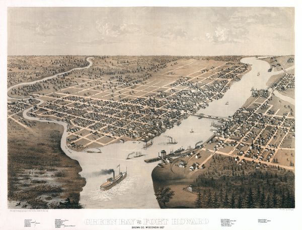 Bird's-eye map of Green Bay and Fort Howard, Brown Co., depicts street names and street layouts, houses, trees, and the East River. A reference key at the bottom of the map shows the location of school houses, the court house, the depot, specific hotels (such as Jackson House, Fox River House, and Turners Hall) and specific denominational churches (Presbyterian, Methodist, Morman, Episcopal, German Lutheran, German Catholic, and Holland Catholic). At bottom left is a person in a canoe pointing a gun at ducks in a marshy area.